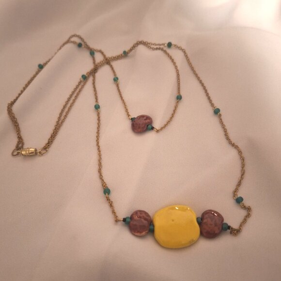 Artisan Double Strand Gold Chain Kazuri Kenyan Ceramic Bead Necklace - Picture 2 of 6